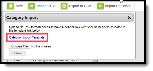 Screenshot of the Category Import window. The Category Import Template link is highlighted.