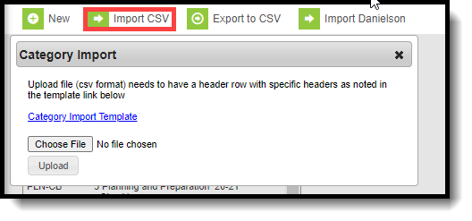 Screenshot of the Category Import window when browsing for a category import template.