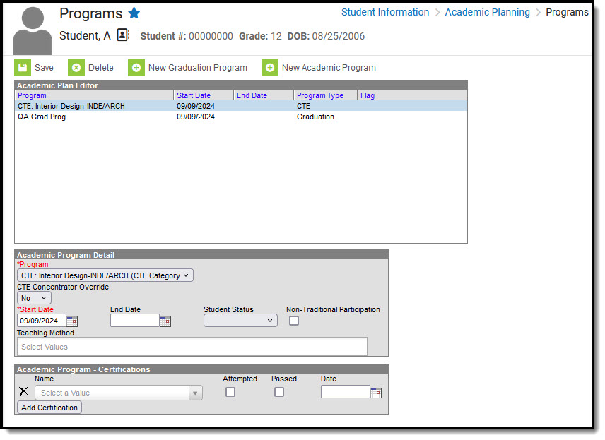 Screenshot of the Academic Program Detail Editor