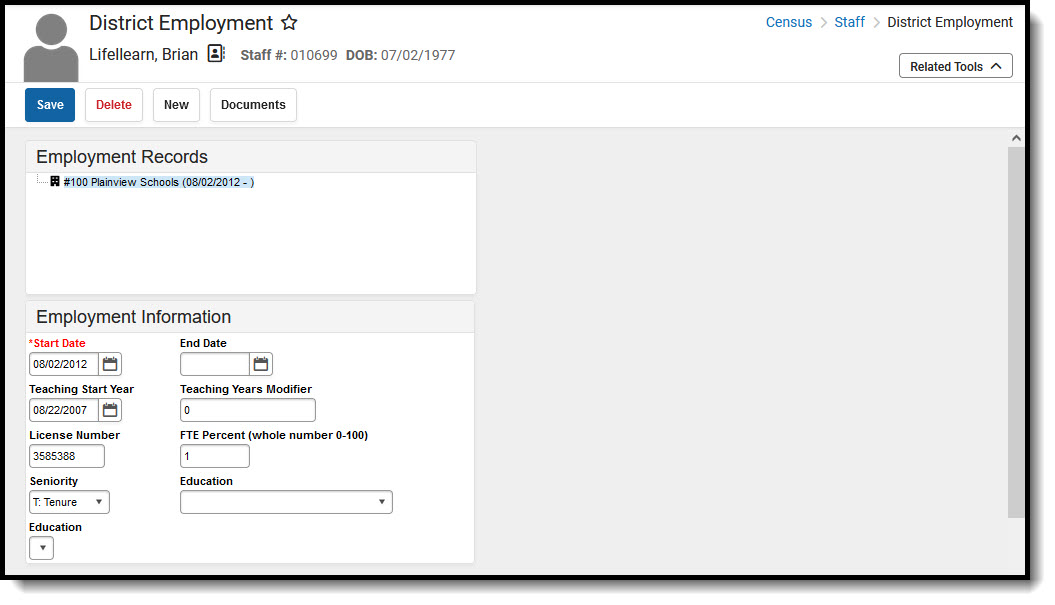 Screenshot of the District Employment tool with an Employment Record selected.