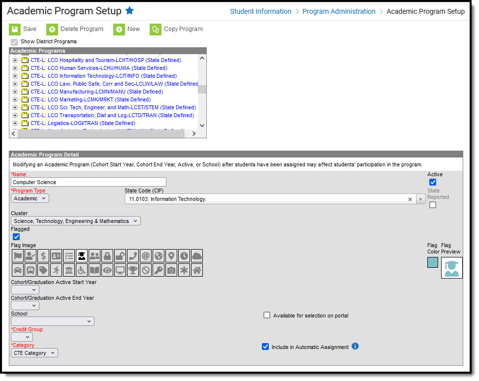 Screenshot of the Academic Program Detail Editor with all the required and optional fields, selections and flag images.