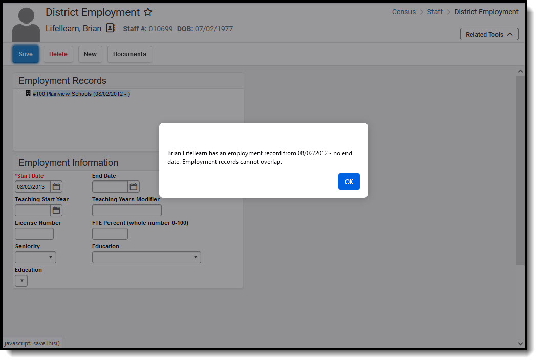 Screenshot of the District Employment Overlap warning.