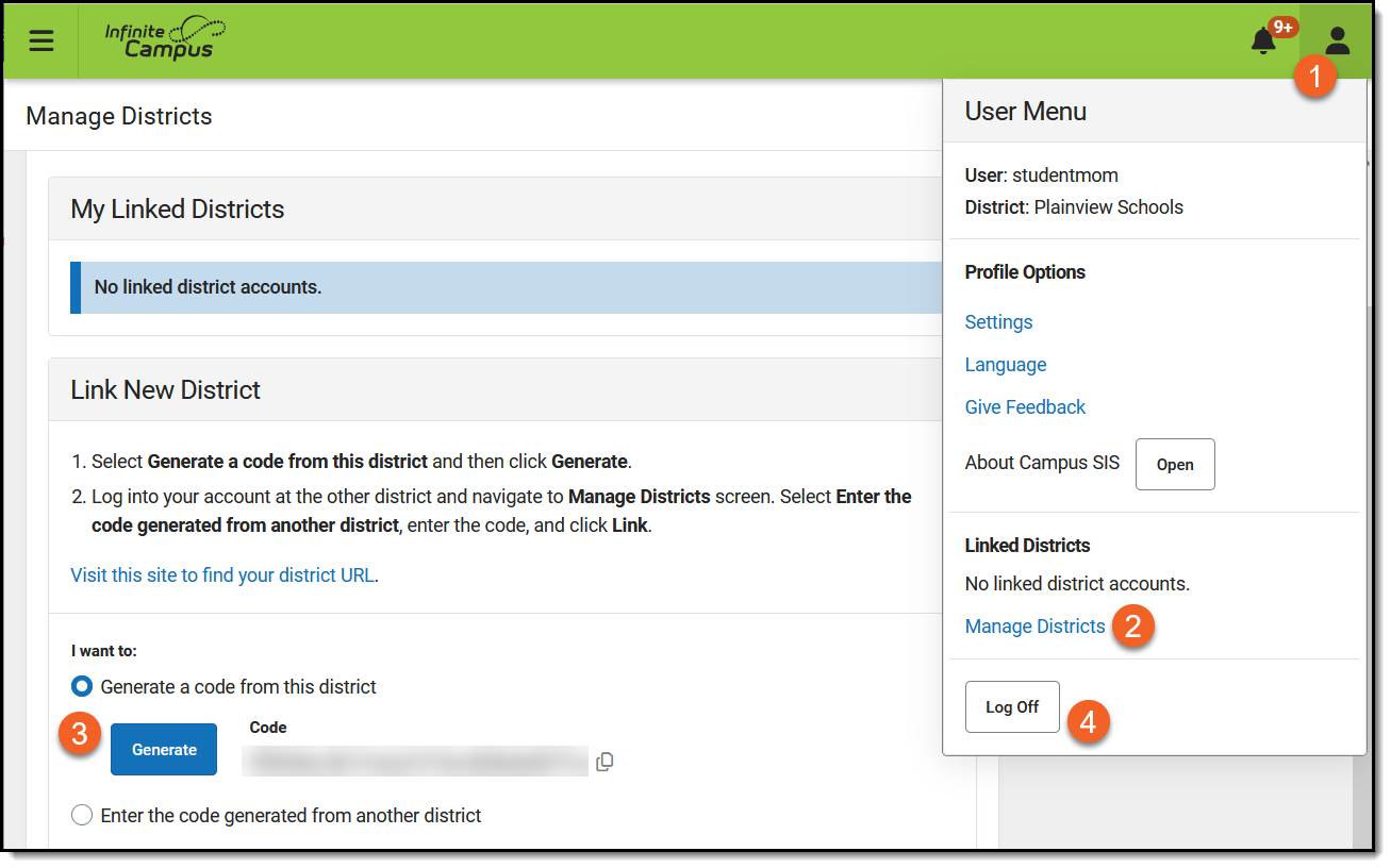 Screenshot of the Manage Districts screen, highlighting the option to Generate a Code.