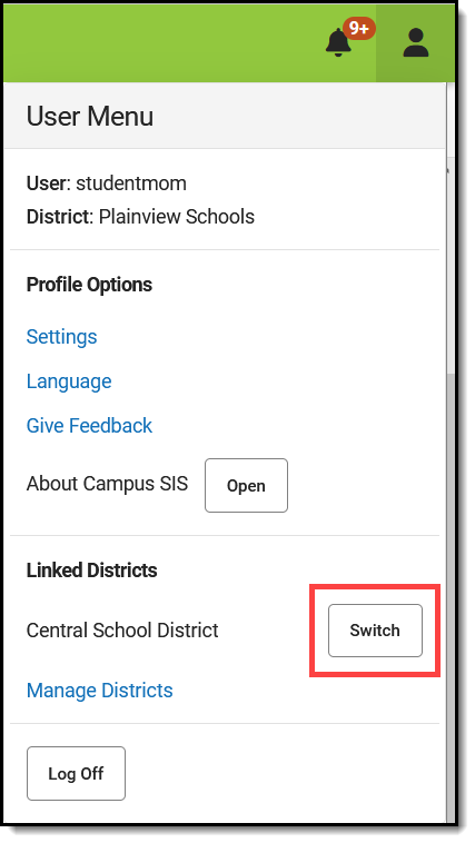 Screenshot of the user menu highlighting the Switch button. 