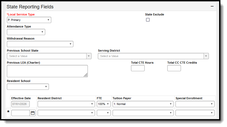 Screenshot of the State Reporting Enrollment editor