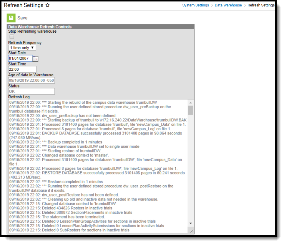 Screenshot of the Data Warehouse Refresh Settings tool, located at System Settings, Data Warehouse. 