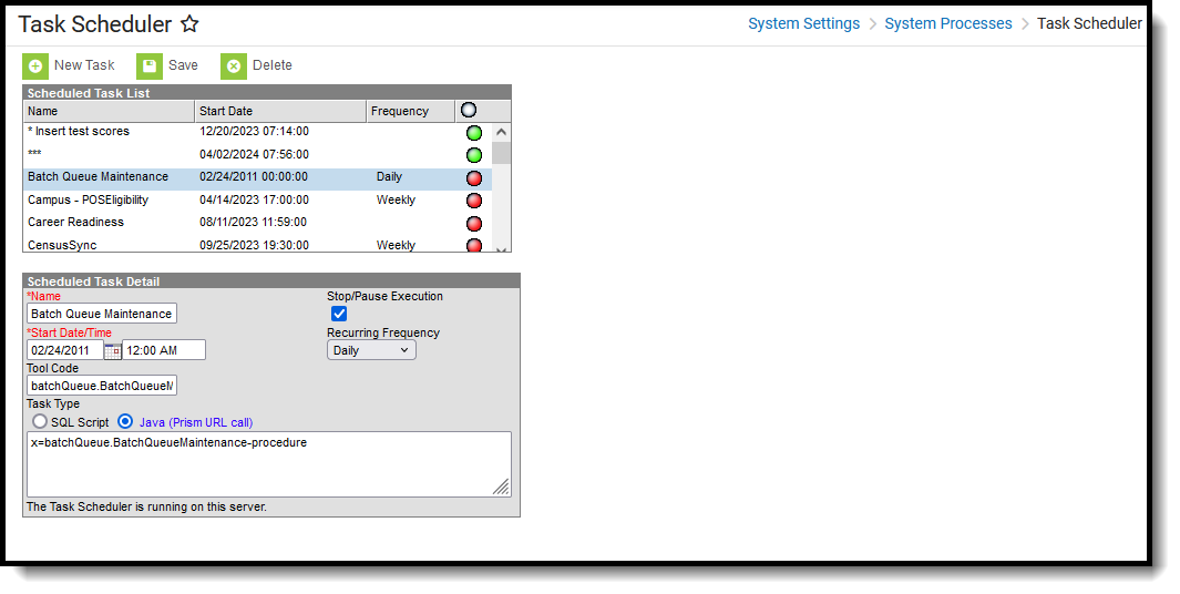 Screenshot of the Task Scheduler, located at System Settings, System Processes