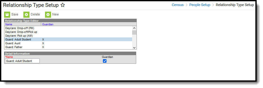 Screenshot of the Relationship Type Setup, located at Census, People Setup