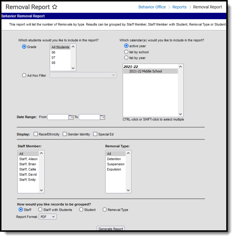 Screenshot of the Behavior Removal Report, located at Behavior Office, Report. 