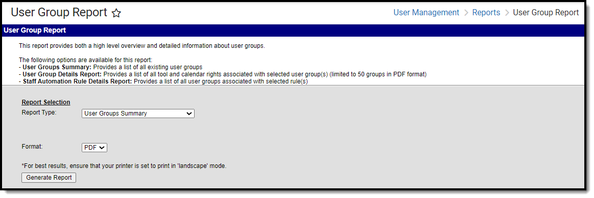 screenshot of the user group report editor