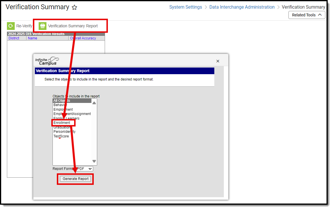 screenshot of running the verification summary report for the enrollment object