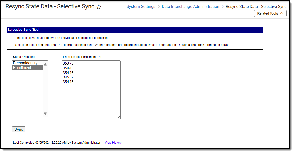 screenshot of resyncing select enrollment records