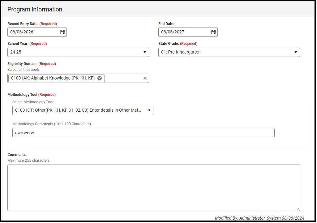 Screenshot of the Early Literacy Program Information Detail Screen.