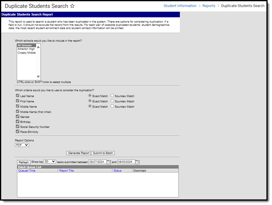screenshot of the duplicate student search tool