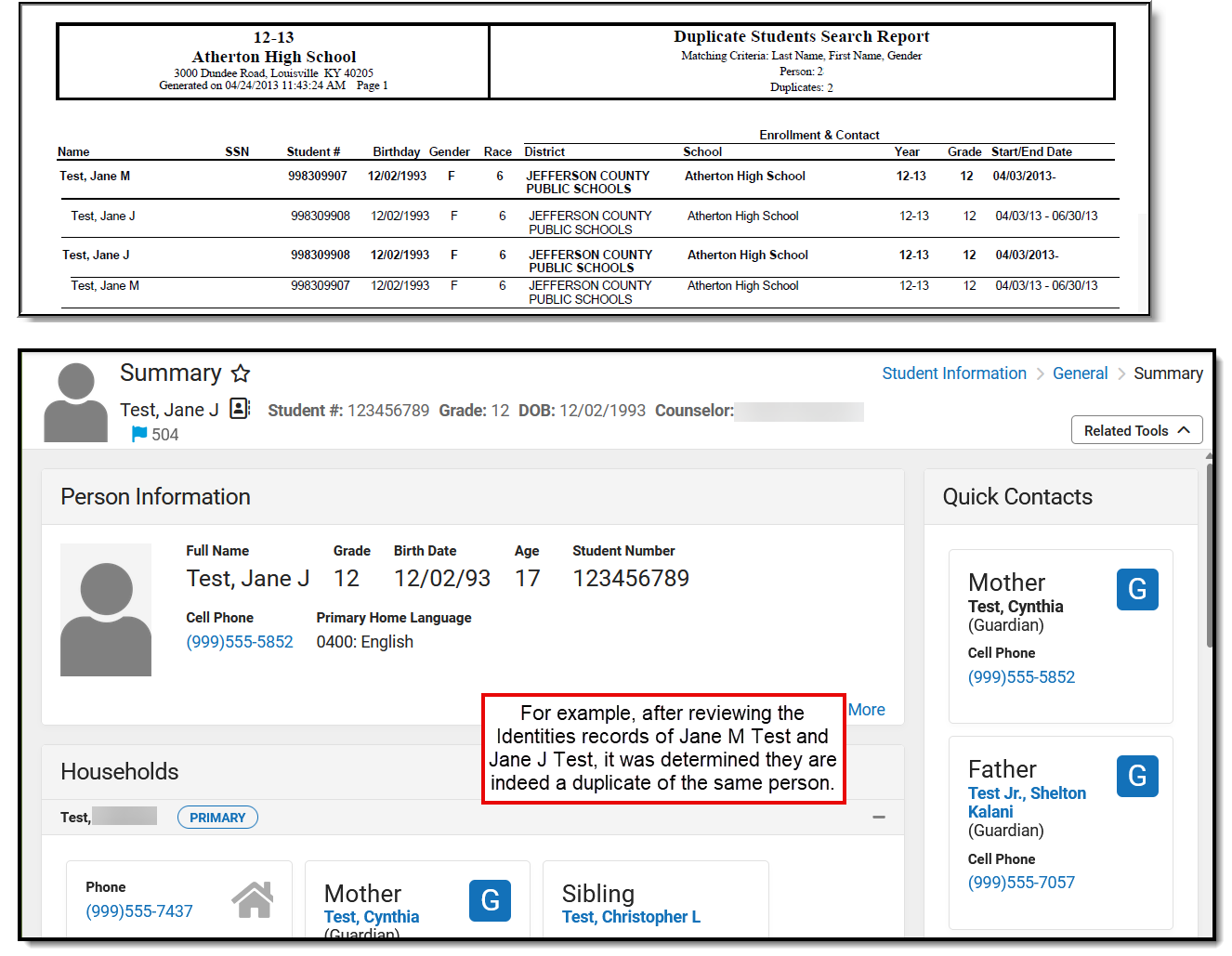 screenshot of a duplicate identity record