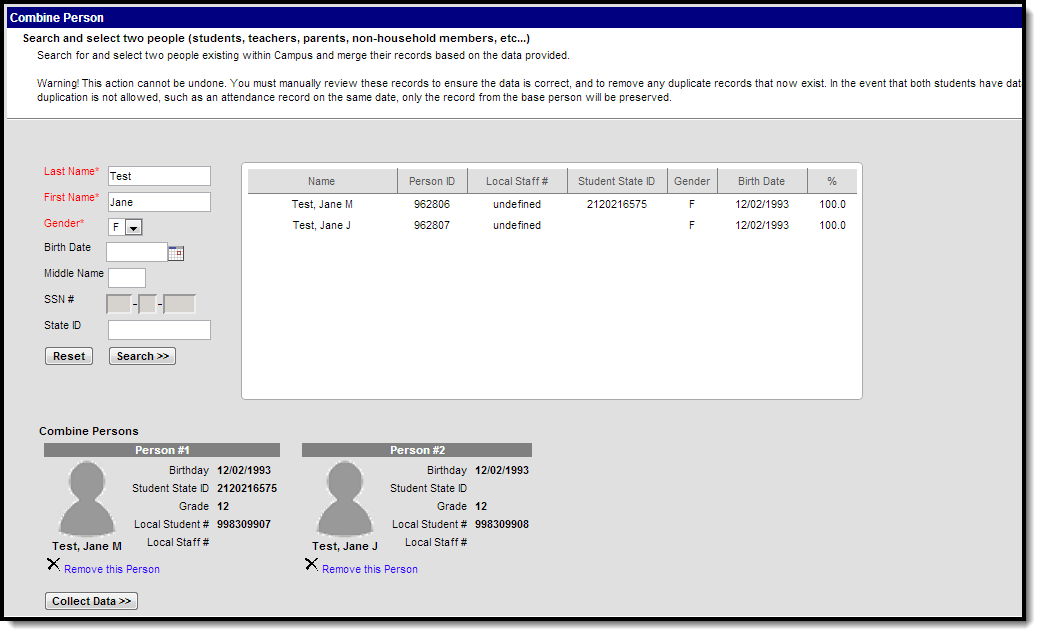 screenshot of combining duplicate people via the combine person tool