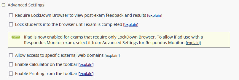 Displays LockDown Browser Advanced Settings