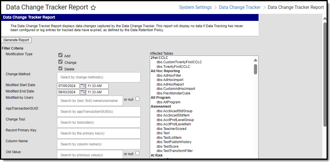 screenshot of the data change tracker report editor