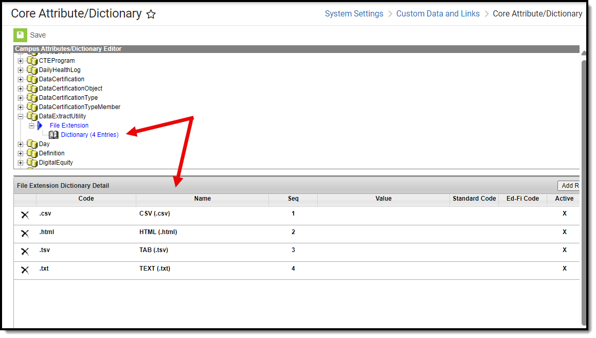 screenshot of adding file extensions to the data extract utility