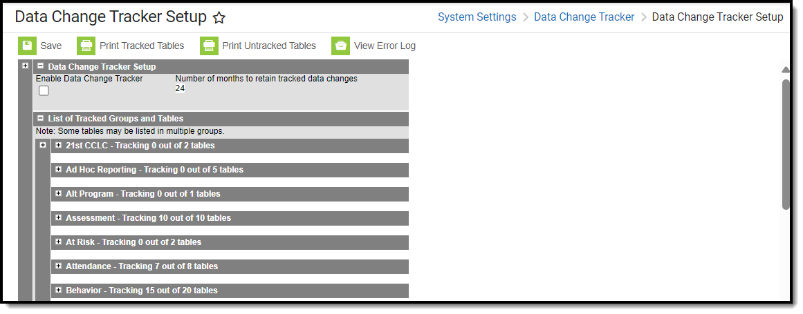 screenshot of the data change tracker setup tool