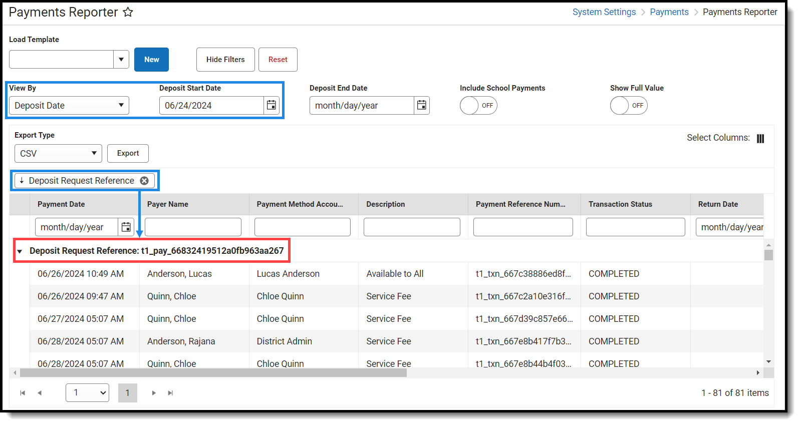 Screenshot of options used in the Payments Reporter to group deposits by Deposit Request Reference number.