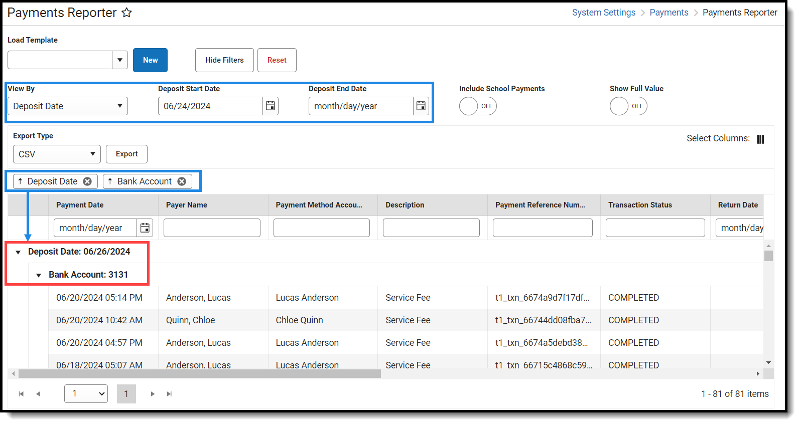 Screenshot of options used in the Payments Reporter to group deposits by Deposit Date and Bank Account.