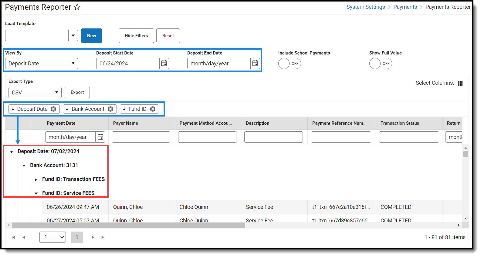 Screenshot of options used in the Payments Reporter to group deposits by Deposit Date, Bank Account, and Fund ID.