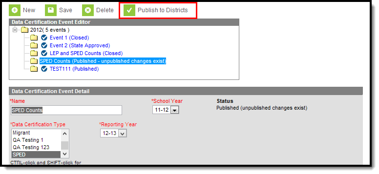 screenshot of the publish to districts button highlighted