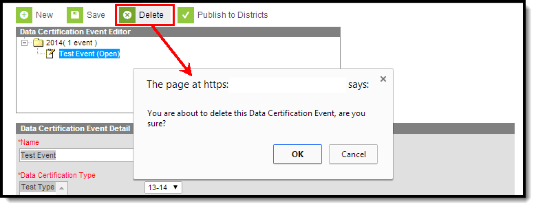 screenshot showing the warning box before confirming deletion of an event