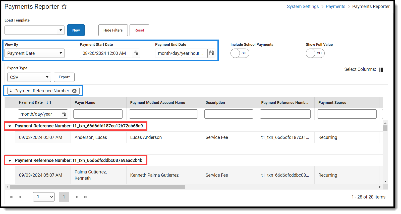 Screenshot of options used in the Payments Reporter to group deposits by Payment Reference number for a single day.