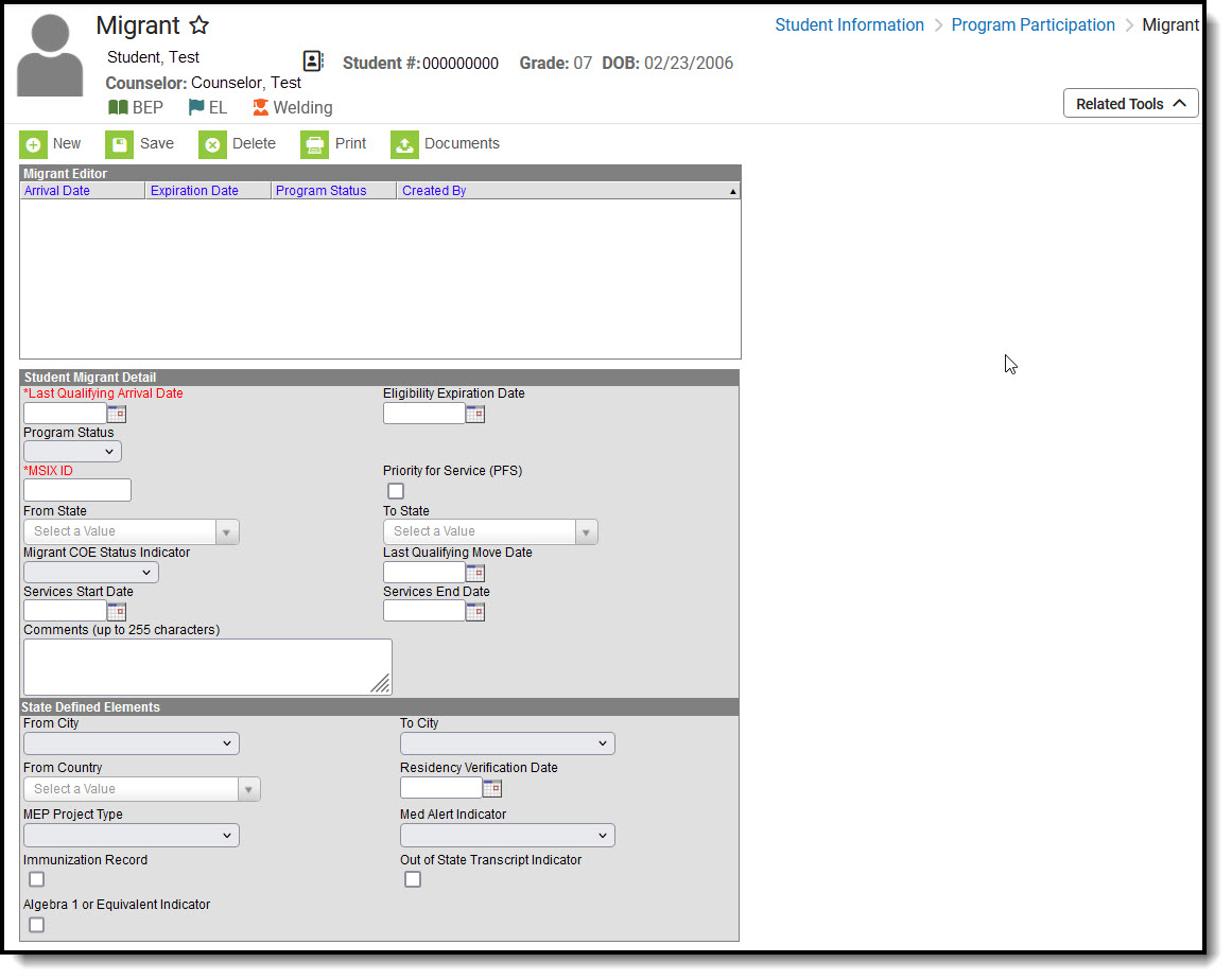 Screenshot of the Migrant Program record, located at Student Information, Program Participation. 