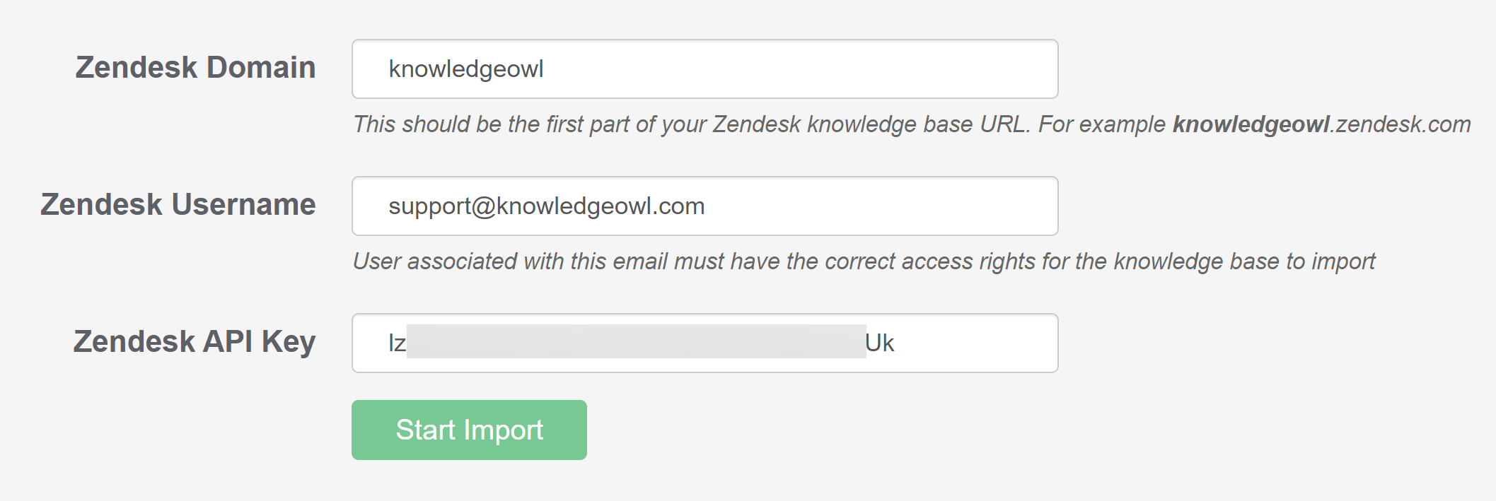 The Zendesk Import section filled out. Zendesk Domain is listed as knowledgeowl. Zendesk Username is listed as support@knowledgeowl.com. A Zendesk API Key is entered but mostly obfuscated.