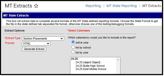 Screenshot of the Section Placement Extract Editor.