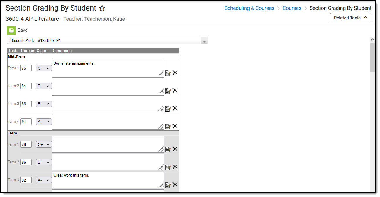 Screenshot of the Grading by Student tool.