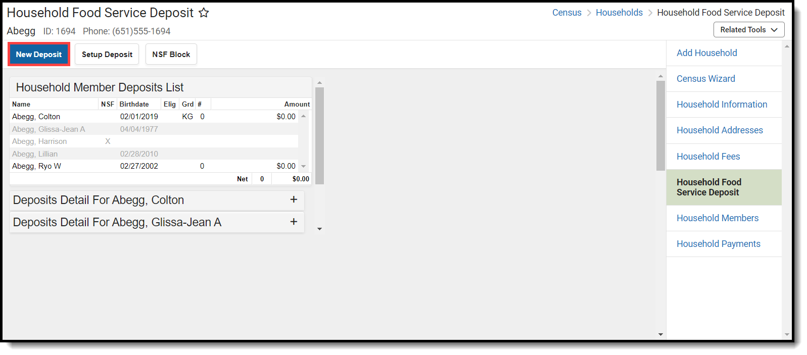 Screenshot of the FS deposit table and New deposit button