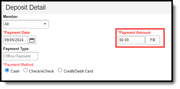 Screenshot of the payment amount field