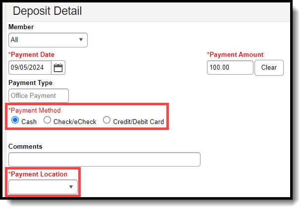 Screenshot of the payment method and payment location