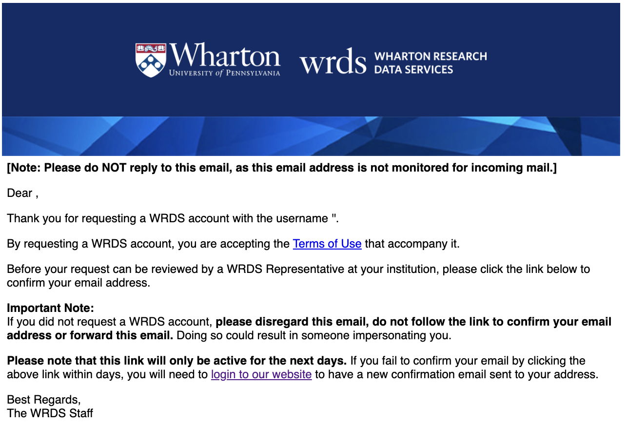 Screenshot of WRDS Access Verification email with link to verify user email.