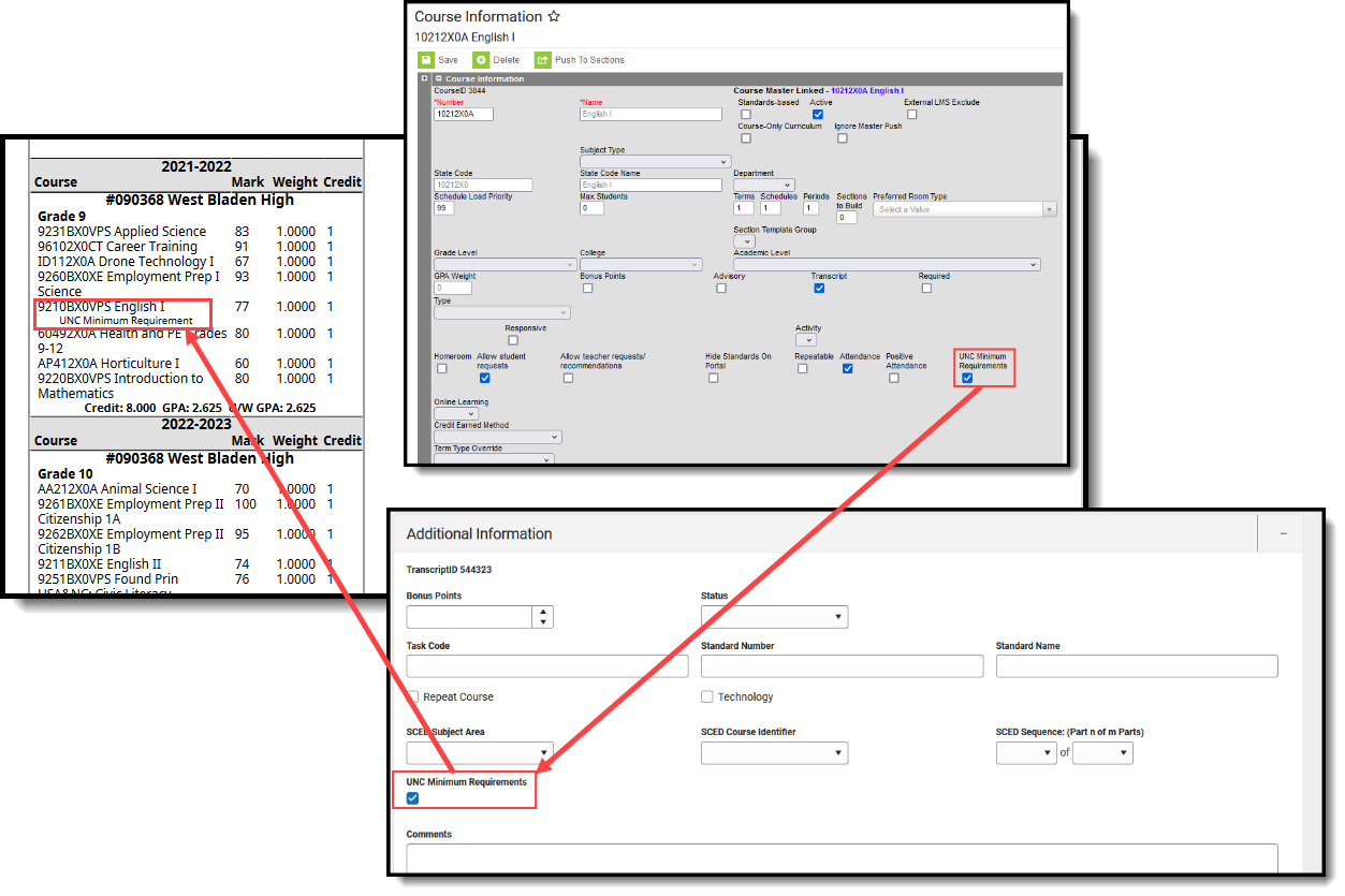 Screenshot of the UNC Minimum Requirements field as it displays on the Course editor, the Student's Transcript record, and the Transcript report. 