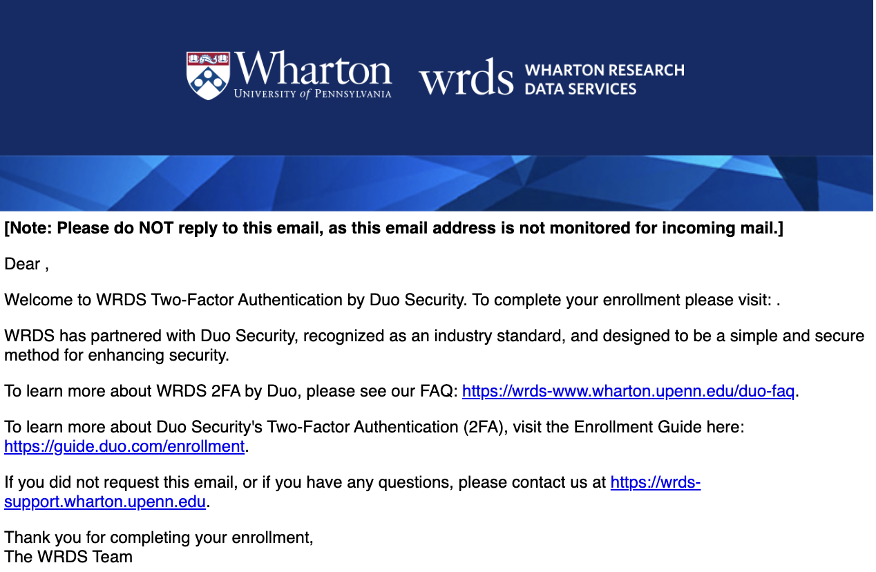 Screenshot of WRDS email instructing user to complete enrollment in 2FA.