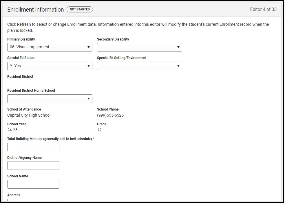 Screenshot of the Enrollment Information Editor.