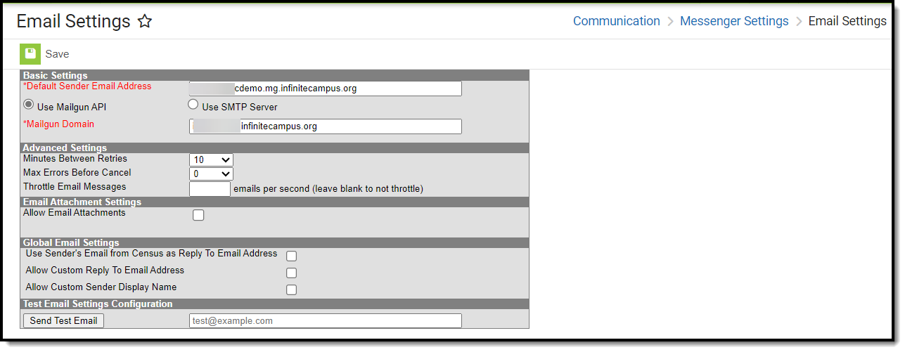 screenshot of the email settings tool