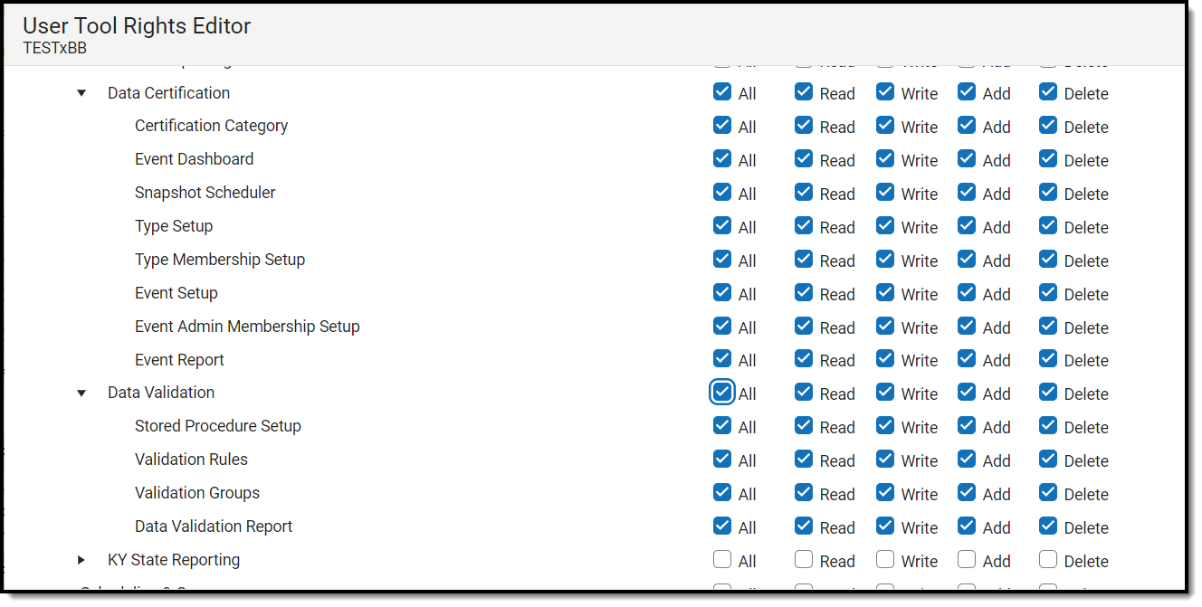 Screenshot showing the tool rights required for this process