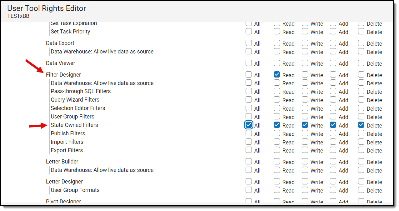 screenshot highlighting the filter designer and state owned filters tool rights