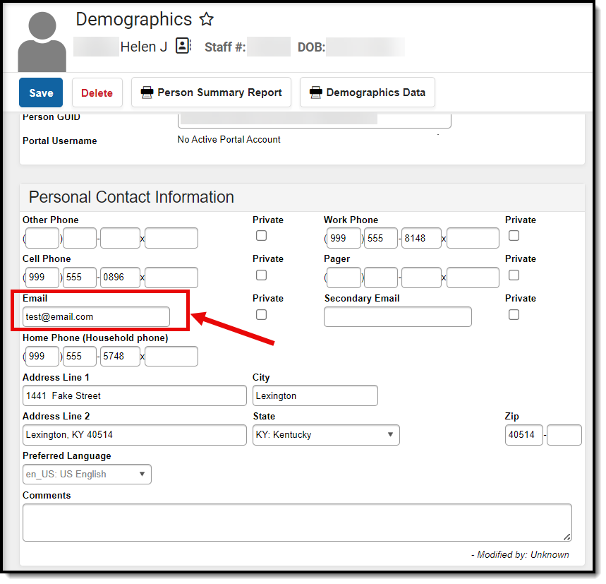 screenshot highlighting the email field in demographics