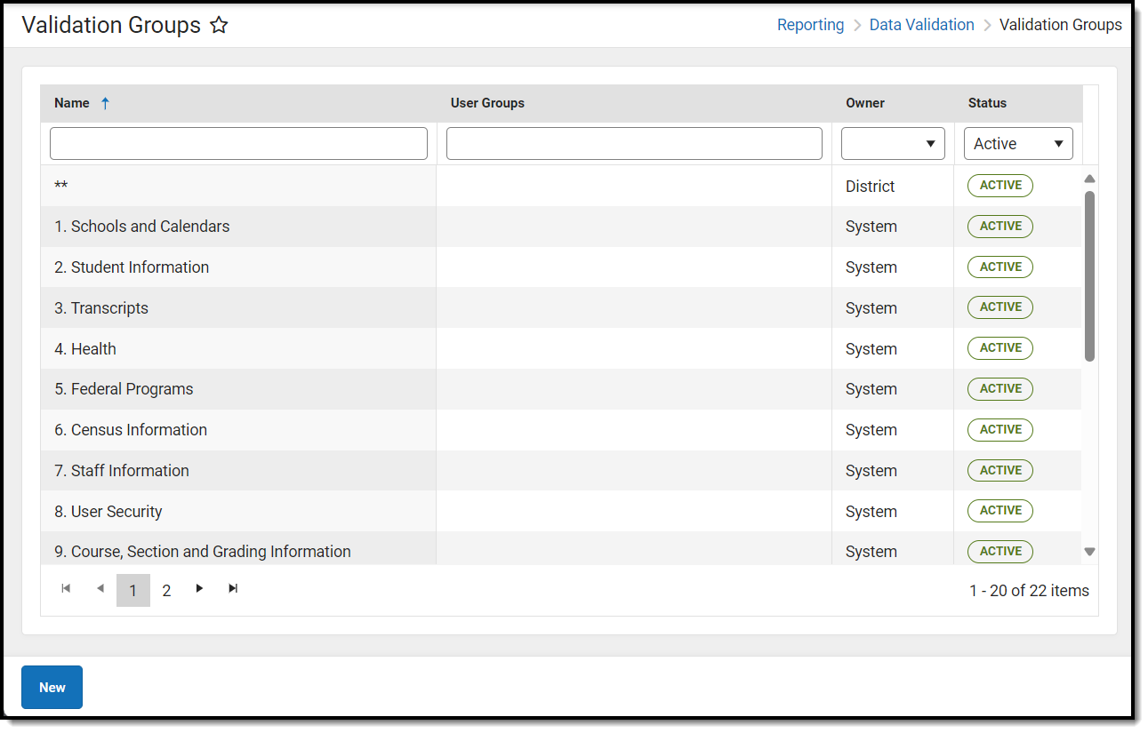 screenshot of the validation groups editor