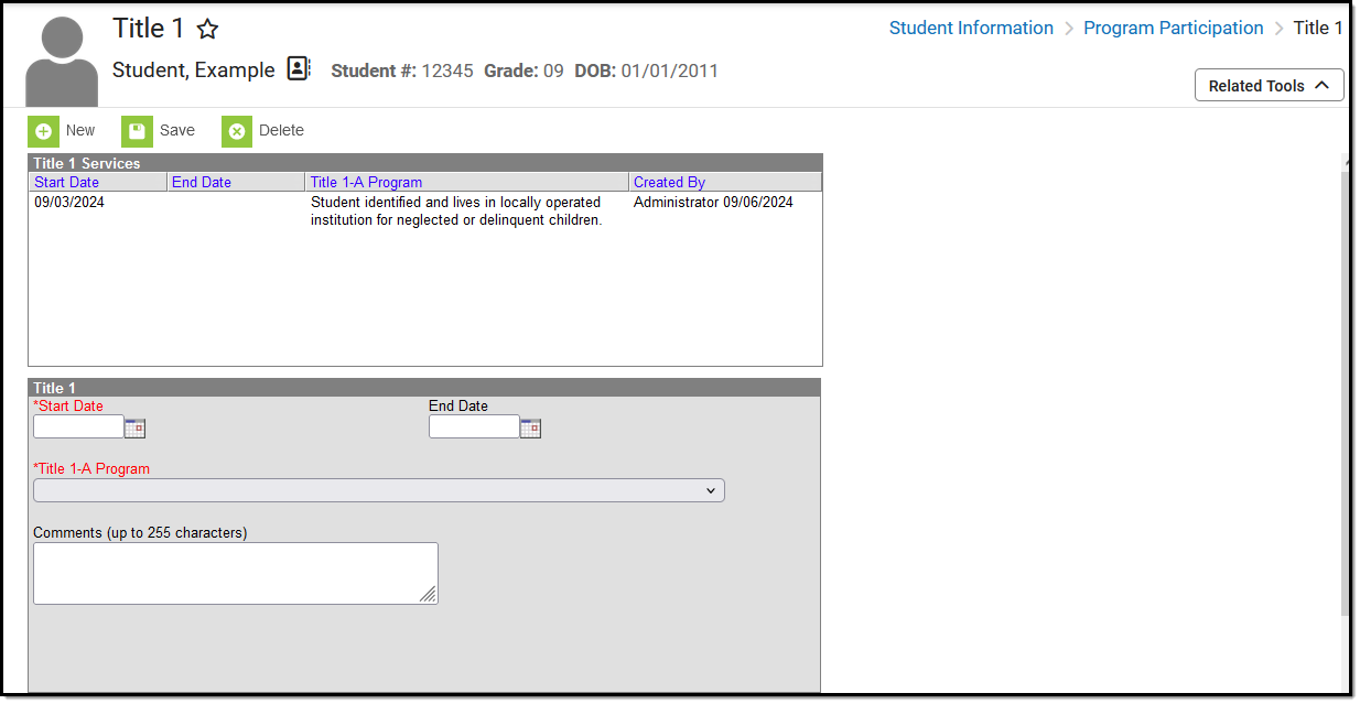 Screenshot of the Title 1 record, located at Student Information, Program Participation