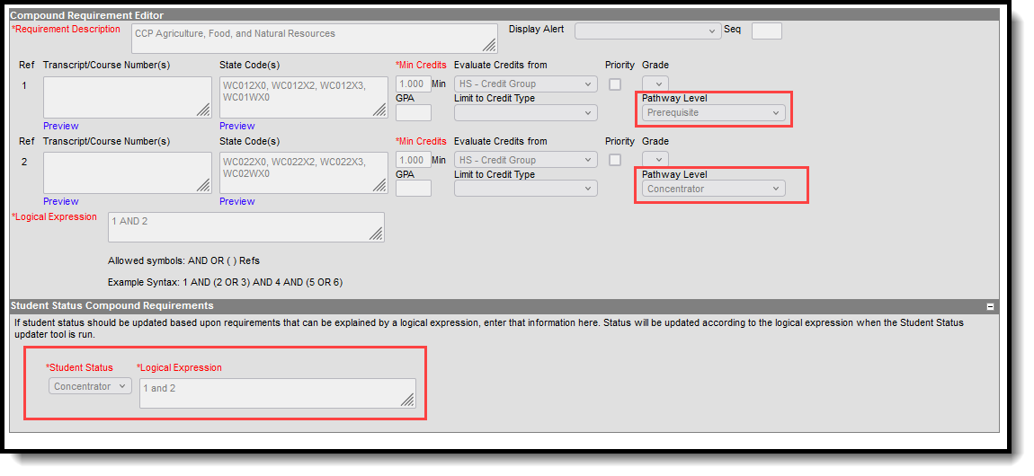 Screenshot of the Compound Requirements Pathway Level and Logical Expression. 