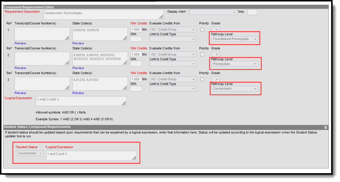 Screenshot of the Compound Requirements Pathway Level and Logical Expression. 