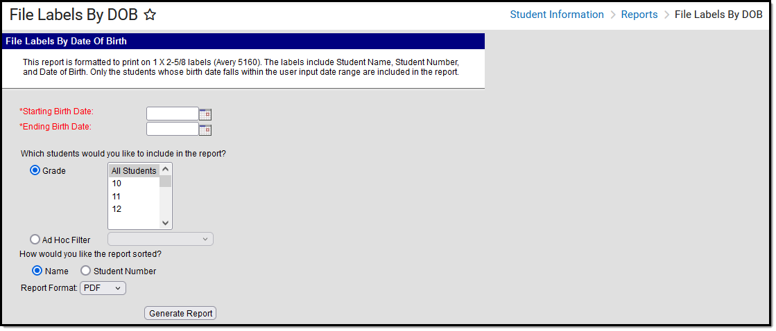 Screenshot of the File Labels by DOB editor.